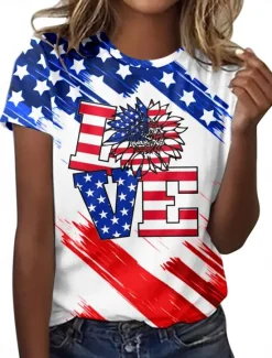 Clearance Women's Patriotic T Shirt Graphic Flag Vintage Stylish Casual Short Sleeve Crew Neck Regular Tops Daily Weekend Print Red Blue Summer Spring Women Independence Day Top