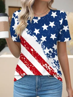 Clearance Women's Patriotic T Shirt Graphic Flag Vintage Stylish Casual Short Sleeve Crew Neck Regular Tops Daily Weekend Print Red Blue Summer Spring Women Independence Day Top