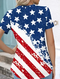 Clearance Women's Patriotic T Shirt Graphic Flag Vintage Stylish Casual Short Sleeve Crew Neck Regular Tops Daily Weekend Print Red Blue Summer Spring Women Independence Day Top