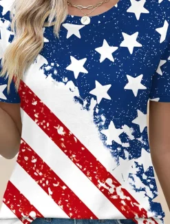Clearance Women's Patriotic T Shirt Graphic Flag Vintage Stylish Casual Short Sleeve Crew Neck Regular Tops Daily Weekend Print Red Blue Summer Spring Women Independence Day Top