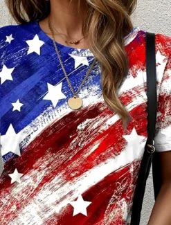 Discount Women's Patriotic T Shirt Graphic Flag Vintage Stylish Classic Red White And Blue Short Sleeve Crew Neck Round Neck Regular Tops Daily Print Summer Spring Women Independence Day Top