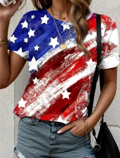 Discount Women's Patriotic T Shirt Graphic Flag Vintage Stylish Classic Red White And Blue Short Sleeve Crew Neck Round Neck Regular Tops Daily Print Summer Spring Women Independence Day Top