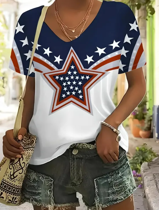 Sale Women's Patriotic T Shirt Flag American Flag National Flag Casual Red White And Blue Short Sleeve Round Neck Regular Tops Daily Print Blue Summer Women Independence Day Top