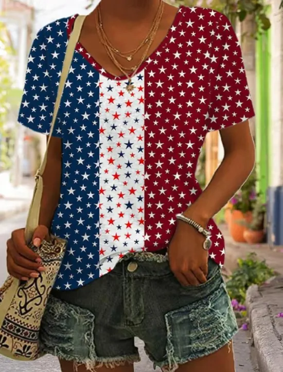 Sale Women's Patriotic T Shirt Flag American Flag National Flag Casual Red White And Blue Short Sleeve Round Neck Regular Tops Daily Print Blue Summer Women Independence Day Top
