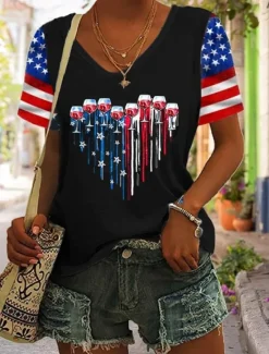Sale Women's Patriotic T Shirt Flag American Flag National Flag Casual Red White And Blue Short Sleeve Round Neck Regular Tops Daily Print Blue Summer Women Independence Day Top