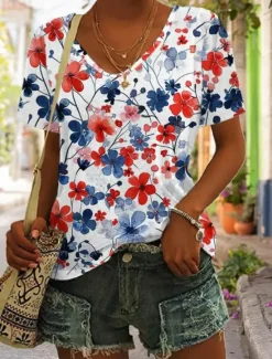 Sale Women's Patriotic T Shirt Flag American Flag National Flag Casual Red White And Blue Short Sleeve Round Neck Regular Tops Daily Print Blue Summer Women Independence Day Top