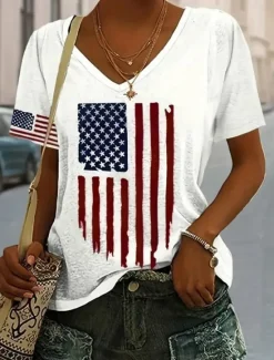 Sale Women's Patriotic T Shirt Flag American Flag National Flag Casual Red White And Blue Short Sleeve Round Neck Regular Tops Daily Print Blue Summer Women Independence Day Top