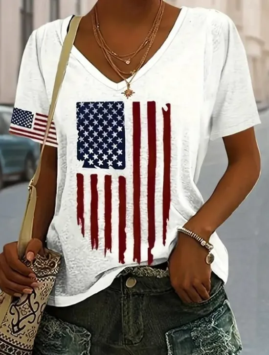 Sale Women's Patriotic T Shirt Flag American Flag National Flag Casual Red White And Blue Short Sleeve Round Neck Regular Tops Daily Print Blue Summer Women Independence Day Top