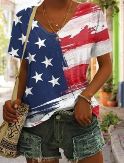 Sale Women's Patriotic T Shirt Flag American Flag National Flag Casual Red White And Blue Short Sleeve Round Neck Regular Tops Daily Print Blue Summer Women Independence Day Top
