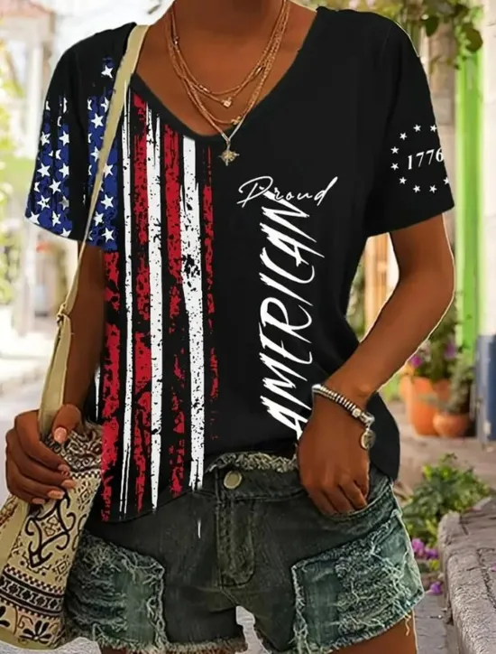 Sale Women's Patriotic T Shirt Flag American Flag National Flag Casual Red White And Blue Short Sleeve Round Neck Regular Tops Daily Print Blue Summer Women Independence Day Top