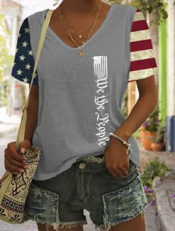 New Women's Patriotic T Shirt Graphic Flag Vintage Stylish Classic Short Sleeve V Neck Regular Tops Daily Print Black Blue Green Gray Summer Spring Women Independence Day Top