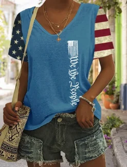 New Women's Patriotic T Shirt Graphic Flag Vintage Stylish Classic Short Sleeve V Neck Regular Tops Daily Print Black Blue Green Gray Summer Spring Women Independence Day Top