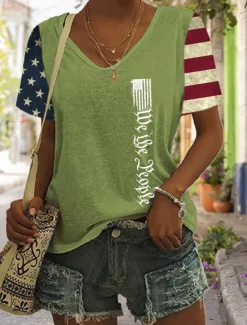 New Women's Patriotic T Shirt Graphic Flag Vintage Stylish Classic Short Sleeve V Neck Regular Tops Daily Print Black Blue Green Gray Summer Spring Women Independence Day Top