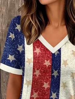 New Women's Patriotic T Shirt Graphic Star Striped Vintage Stylish Modern Short Sleeve V Neck Regular Tops Daily Weekend Print Summer Spring Women Independence Day Top