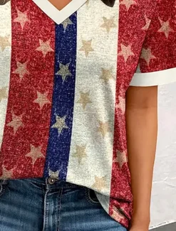 New Women's Patriotic T Shirt Graphic Star Striped Vintage Stylish Modern Short Sleeve V Neck Regular Tops Daily Weekend Print Summer Spring Women Independence Day Top