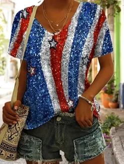Women's Patriotic T Shirt Graphic Flag Star Vintage Stylish Classic Short Sleeve Crew Neck Regular Tops Daily Weekend Beach Wear Print Summer Spring Women Independence Day Top