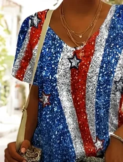 Women's Patriotic T Shirt Graphic Flag Star Vintage Stylish Classic Short Sleeve Crew Neck Regular Tops Daily Weekend Beach Wear Print Summer Spring Women Independence Day Top