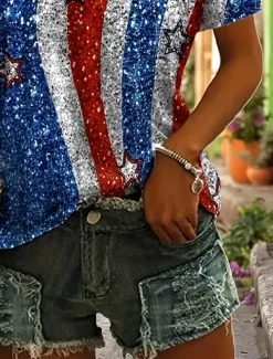 Women's Patriotic T Shirt Graphic Flag Star Vintage Stylish Classic Short Sleeve Crew Neck Regular Tops Daily Weekend Beach Wear Print Summer Spring Women Independence Day Top