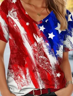 Clearance Women's Patriotic T Shirt American Flag Casual Red White And Blue Short Sleeve V Neck Regular Tops Daily Red Summer Women Independence Day Top