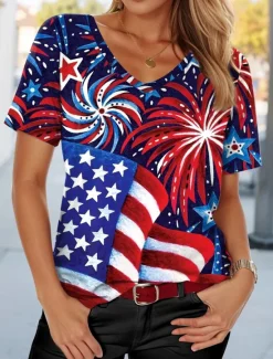 Clearance Women's Patriotic T Shirt American Flag Casual Red White And Blue Short Sleeve V Neck Regular Tops Daily Red Summer Women Independence Day Top
