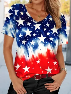 Clearance Women's Patriotic T Shirt American Flag Casual Red White And Blue Short Sleeve V Neck Regular Tops Daily Red Summer Women Independence Day Top
