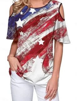 Online Women's Patriotic T Shirt American Flag Modern Casual Red White And Blue Short Sleeve Crew Neck Regular Tops Daily Weekend Print Wine Red Royal Blue Blue Summer Spring Women Independence Day Top