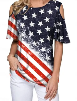 Online Women's Patriotic T Shirt American Flag Modern Casual Red White And Blue Short Sleeve Crew Neck Regular Tops Daily Weekend Print Wine Red Royal Blue Blue Summer Spring Women Independence Day Top