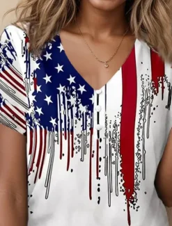 Best Women's Patriotic T Shirt Graphic American Flag Vintage Stylish Classic White And Blue Short Sleeve V Neck Regular Tops Daily Going out Weekend Print Women Independence Day Top