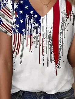 Best Women's Patriotic T Shirt Graphic American Flag Vintage Stylish Classic White And Blue Short Sleeve V Neck Regular Tops Daily Going out Weekend Print Women Independence Day Top