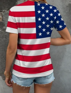Sale Women's Patriotic T Shirt Graphic American Flag Vintage Stylish Classic White And Blue Short Sleeve V Neck Regular Tops Daily Weekend Print Summer Spring Women Independence Day Top