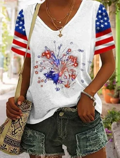 Hot Women's Patriotic T Shirt Graphic American Flag Vintage Stylish Classic Short Sleeve V Neck Regular Tops Daily Weekend Print Black White Gray Summer Spring Women Independence Day Top