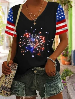 Hot Women's Patriotic T Shirt Graphic American Flag Vintage Stylish Classic Short Sleeve V Neck Regular Tops Daily Weekend Print Black White Gray Summer Spring Women Independence Day Top