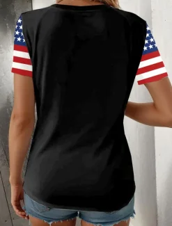 Hot Women's Patriotic T Shirt Graphic American Flag Vintage Stylish Classic Short Sleeve V Neck Regular Tops Daily Weekend Print Black White Gray Summer Spring Women Independence Day Top