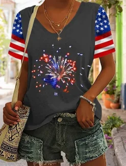 Hot Women's Patriotic T Shirt Graphic American Flag Vintage Stylish Classic Short Sleeve V Neck Regular Tops Daily Weekend Print Black White Gray Summer Spring Women Independence Day Top