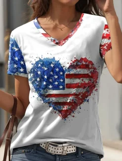 Women's Patriotic T Shirt Valentine Heart Casual Flag Regular Tops Red And Blue Short Sleeve V Neck Print Regular Fit Daily Summer Women Independence Day Top