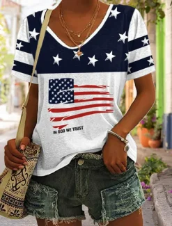 Clearance Women's Patriotic T Shirt Graphic Flag Stylish Casual Short Sleeve V Neck Regular Tops Daily Print Black Red Blue Summer Spring Women Independence Day Top