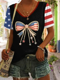Clearance Women's Patriotic T Shirt Graphic Flag Stylish Casual Short Sleeve V Neck Regular Tops Daily Print Black Red Blue Summer Spring Women Independence Day Top