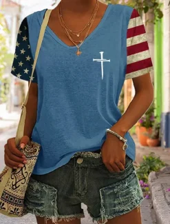 Online Women's Patriotic T Shirt Graphic Flag Stylish Casual Short Sleeve V Neck Regular Tops Daily Print Black Blue Green Gray Summer Spring Women Independence Day Top