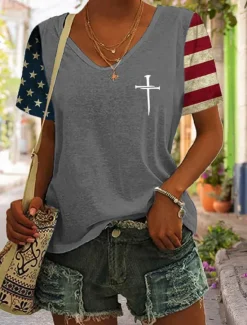 Online Women's Patriotic T Shirt Graphic Flag Stylish Casual Short Sleeve V Neck Regular Tops Daily Print Black Blue Green Gray Summer Spring Women Independence Day Top