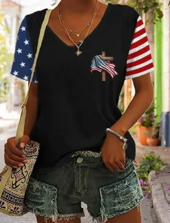 Best Women's Patriotic T Shirt Graphic Flag Stylish Casual Short Sleeve V Neck Regular Tops Daily Print Black Red Blue Summer Women Independence Day Top