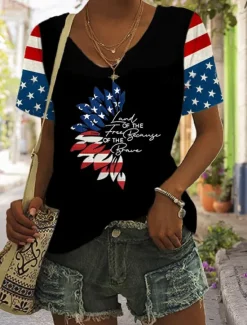 Best Women's Patriotic T Shirt Graphic Flag Stylish Casual Short Sleeve V Neck Regular Tops Daily Print Black Red Blue Summer Women Independence Day Top