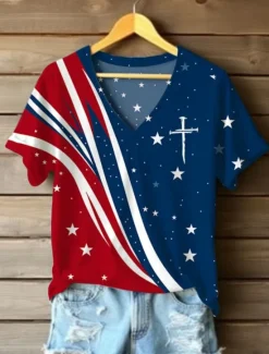 Sale Women's Patriotic T Shirt Graphic American Flag Vintage Stylish Classic Short Sleeve V Neck Regular Tops Daily Print White Summer Spring Women Independence Day Top