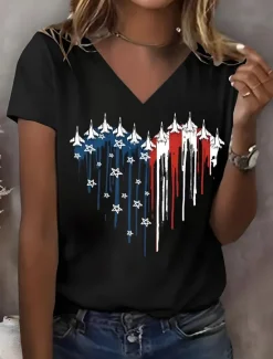 Sale Women's Patriotic T Shirt Graphic American Flag Vintage Stylish Classic Short Sleeve V Neck Regular Tops Daily Print White Summer Spring Women Independence Day Top