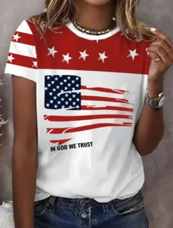 Outlet Women's Patriotic T Shirt Graphic Flag Vintage Stylish Classic Short Sleeve Crew Neck Regular Tops Daily Weekend Print Black Red Blue Summer Women Independence Day Top
