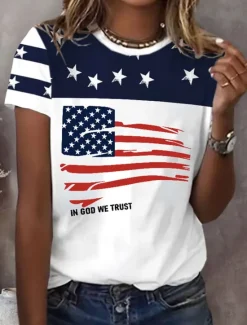 Outlet Women's Patriotic T Shirt Graphic Flag Vintage Stylish Classic Short Sleeve Crew Neck Regular Tops Daily Weekend Print Black Red Blue Summer Women Independence Day Top