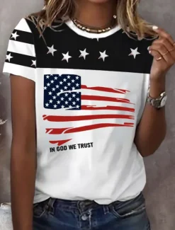 Outlet Women's Patriotic T Shirt Graphic Flag Vintage Stylish Classic Short Sleeve Crew Neck Regular Tops Daily Weekend Print Black Red Blue Summer Women Independence Day Top