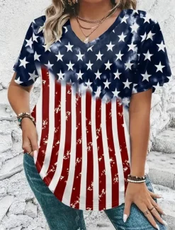 Outlet Women's Patriotic T Shirt Graphic American Flag Vintage Stylish Classic Short Sleeve V Neck Regular Tops Daily Weekend Print Red Red / Blue Light Blue Summer Spring Women Independence Day Top