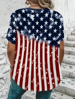 Outlet Women's Patriotic T Shirt Graphic American Flag Vintage Stylish Classic Short Sleeve V Neck Regular Tops Daily Weekend Print Red Red / Blue Light Blue Summer Spring Women Independence Day Top