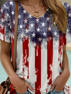 Clearance Women's Patriotic T Shirt Graphic Flag American Flag Stylish Casual Red White And Blue Short Sleeve Crew Neck Regular Tops Daily Weekend Print Summer Spring Women Independence Day Top