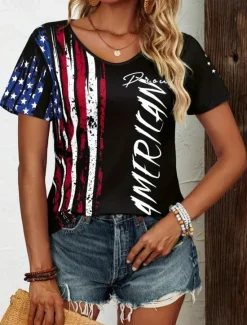 Discount Women's Patriotic T Shirt Flag Flag National Flag Stylish Casual Red White And Blue Short Sleeve V Neck Regular Tops Daily Print Blue Summer Spring Women Independence Day Top